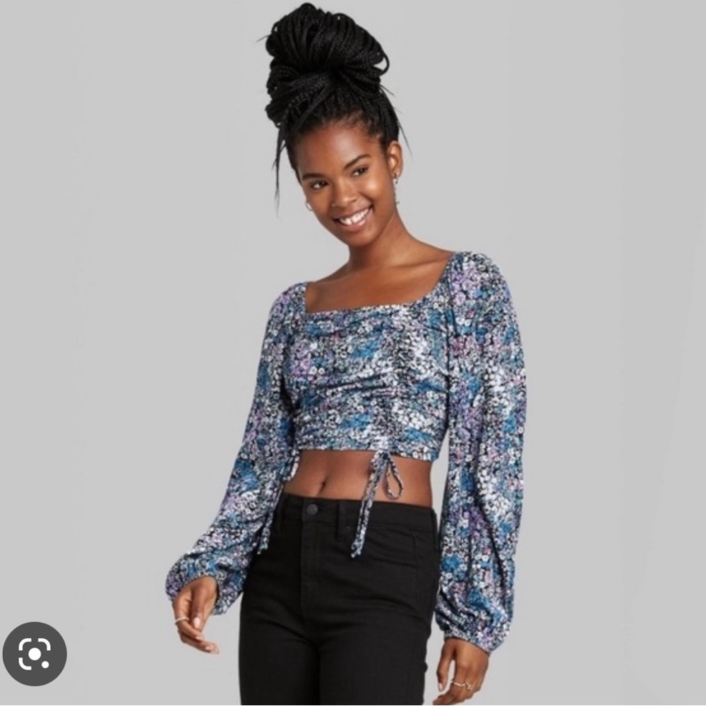 Wild Fable Floral Ruched Long Sleeve Crop Top